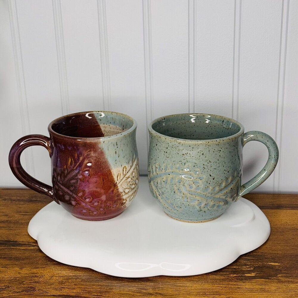 2 Studio Art Pottery Belly Mugs Green Mint Burgundy Signed Jen Nolan